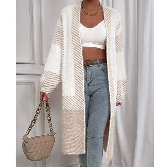 Soft Comfy oversized Tan Striped Pattern Fuzzy Duster Knit Sweater Cardigan - Picture 1 of 6